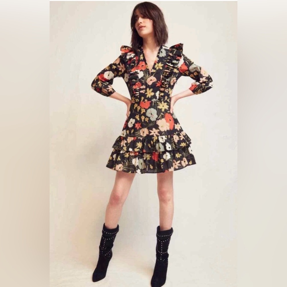 WARM Brianna Dress Womens Size 2 Black Floral Print Long Sleeve Cotton Fit Flare